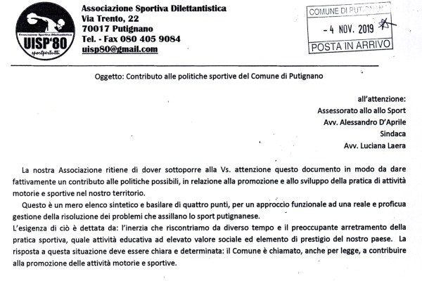 Contributo alle politiche sportive di Putignano: il documento e l’incontro con l’assessore